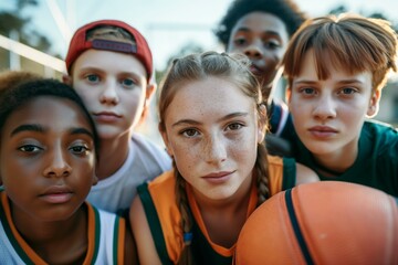 Group of Diverse Teen Athletes With Basketball Looking at Camera