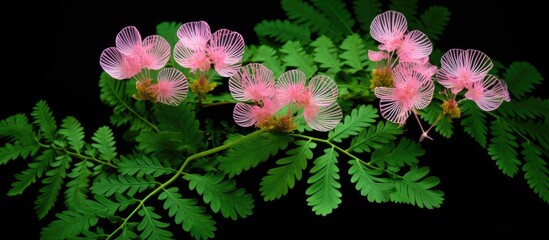 Mimosa pudica, an embarrassed daughter, is a versatile wild plant with touch-sensitive leaves, used as a weed in farming due to its adaptability. - obrazy, fototapety, plakaty