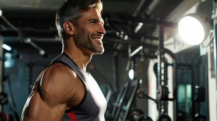 Fototapeta na wymiar Smiling man in gym muscular tank top gym equipment blurred background bright light confident happy fit healthy exercise fitness gym attire modern clean well-lit gym environment.