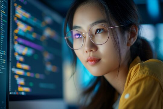 Young East Asian Woman Focused on Coding and Software Development