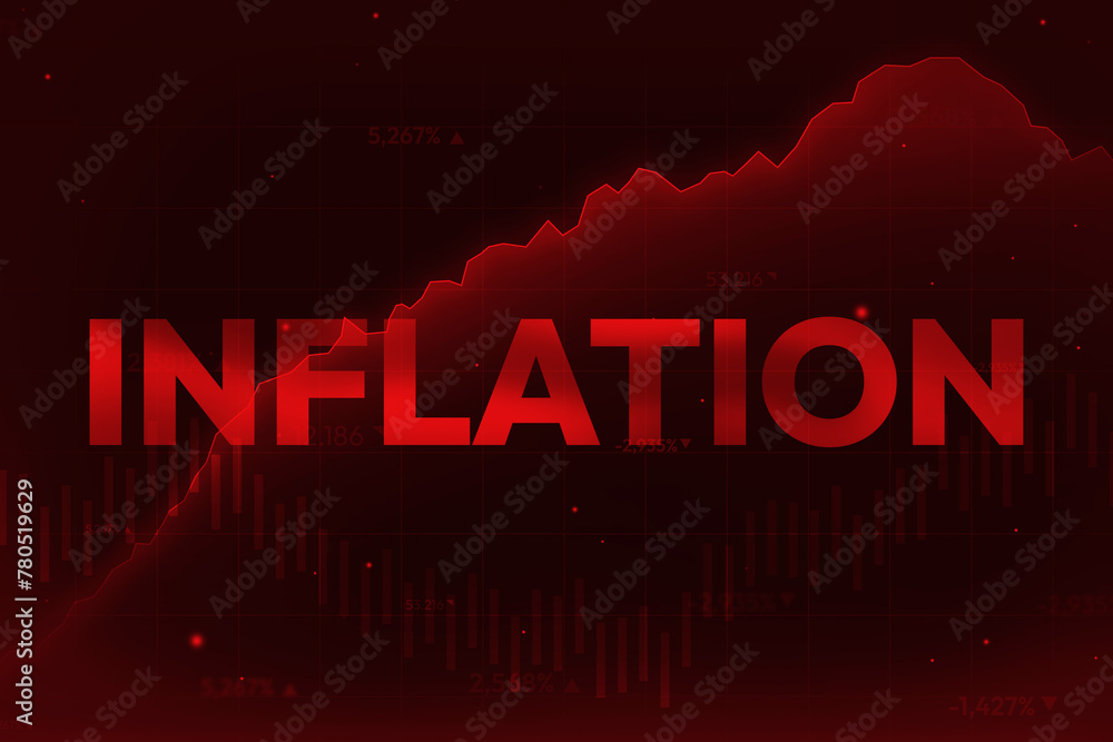 Poster red inflation background with graph line going up and typography in the center. global inflation con