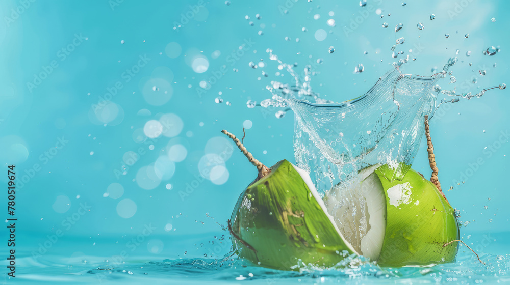 Wall mural Water splashing out of a fresh green coconut isolated on a pastel summer blue background