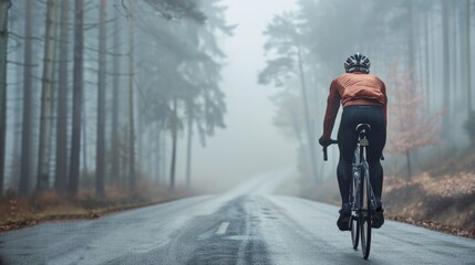 A cyclist in an orange jacket and black pants riding a bicycle on a foggy tree-lined road.