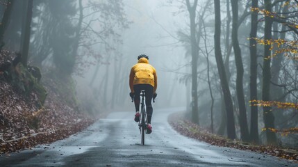 A solitary cyclist in a yellow jacket pedaling down a misty leaf-strewn forest road.