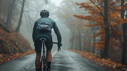 A cyclist in a blue jacket and black helmet riding a bicycle on a foggy leaf-covered road with autumn trees in the background. - obrazy, fototapety, plakaty