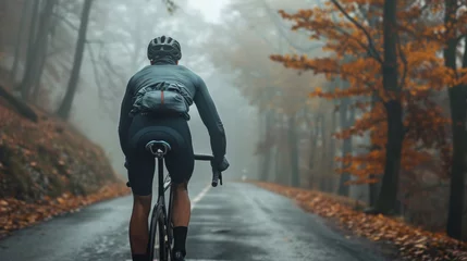 Gordijnen A cyclist in a blue jacket and black helmet riding a bicycle on a foggy leaf-covered road with autumn trees in the background. © iuricazac