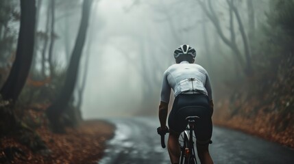 A cyclist in a white jersey and black shorts riding a bicycle on a foggy tree-lined road.