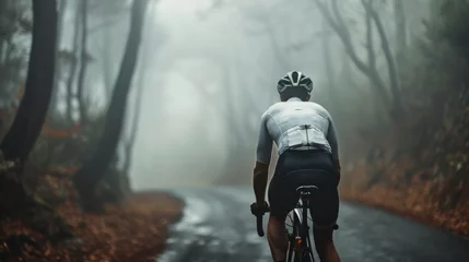 Foto auf Glas A cyclist in a white jersey and black shorts riding a bicycle on a foggy tree-lined road. © iuricazac