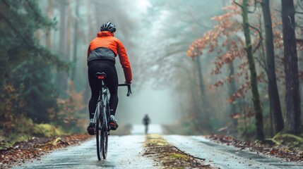 A cyclist in an orange jacket riding down a misty leaf-covered road in a forest with another person walking ahead. - Powered by Adobe