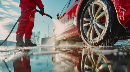 A person in a red jumpsuit washing a car with a hose creating a spray of water on a wet road with a reflection of the car and the person.