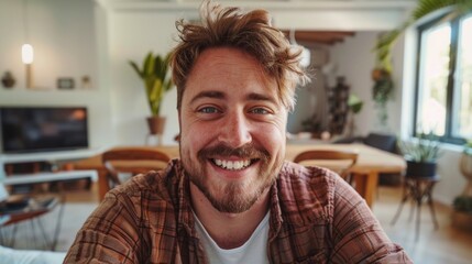 Obraz premium A bearded man with blue eyes smiling broadly wearing a plaid shirt seated in a modern living room with a wooden dining table chairs and potted plants in the background.