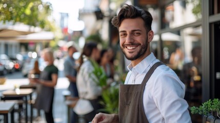 Smiling man in white shirt and brown apron standing outside a restaurant.