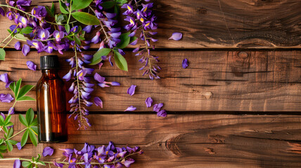 wisteria essential oil in a bottle. selective focus.