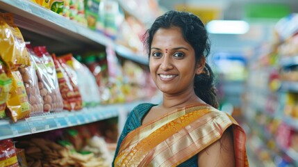 Smiling woman in traditional Indian attire standing in a grocery store aisle with various packaged snacks on shelves.