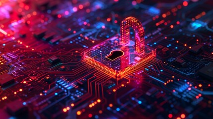 Locking Security System with Red and Blue Lights on Circuit Board Background Technology Concept