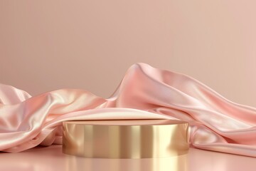 Abstract product presentation scene background with golden podium and pink satin. Generative AI
