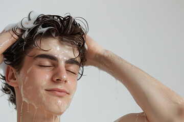 Handsome young man massaging his scalp as he applies shampoo to his wet hair with eyes closed, isolated on white background