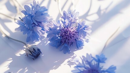Blue summer flowers on white background with natural shadows. Generative AI - obrazy, fototapety, plakaty