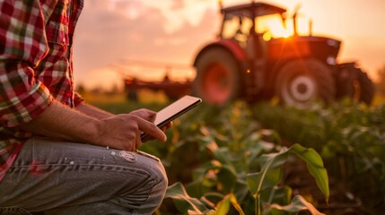 A farmer in a plaid shirt sitting in a field at sunset using a tablet computer with a large tractor in the background.