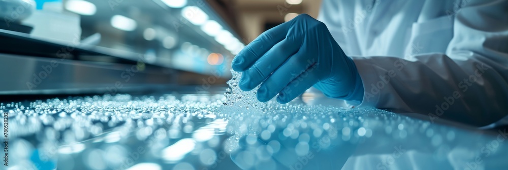 Poster scientist in lab coat conducting experiments with water on glass table in laboratory environment