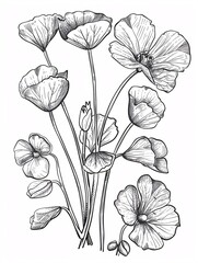 Detailed black and white hand-drawn illustration set of gotu kola Centella asiatica flower leaf in graphic style for labeling, packaging, or menu. Engraved design.