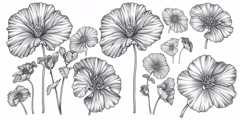 A set of hand-drawn, monochrome illustrations featuring gotu kola Centella asiatica flower and leaf, perfect for use in labels, stickers, menus, and packaging, with an engraved style.