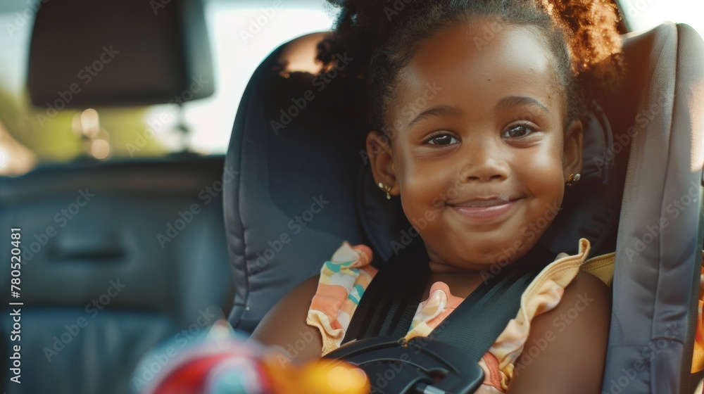 Wall mural Young girl with a big smile wearing a colorful dress sitting in a car seat looking directly at the camera.