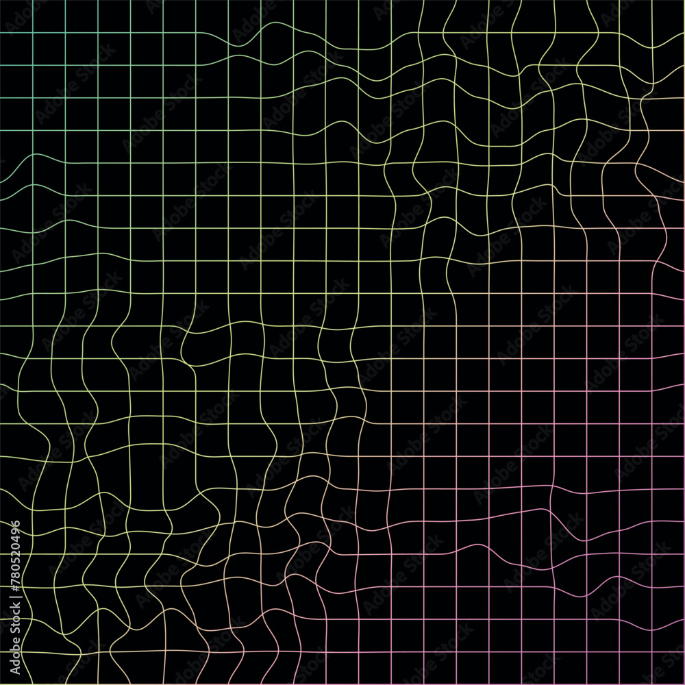 Poster checkered grid abstract pattern with colored stripes on a black background. rumpled checkered backgr