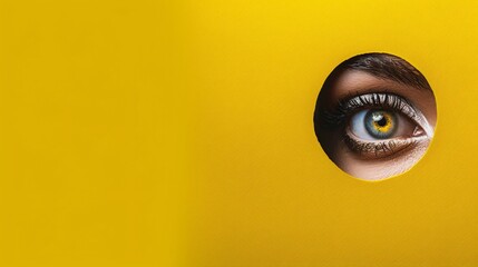 Mysterious discoveries. Woman's gaze peering through keyhole on yellow backdrop. Modern art mashup....