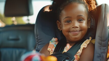 Young girl with a big smile wearing a colorful dress sitting in a car seat looking directly at the camera.
