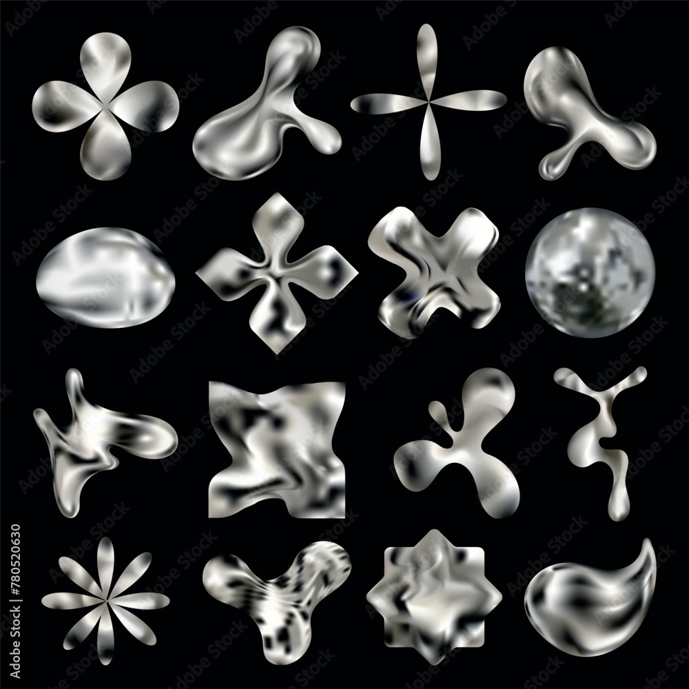 Poster y2k chrome elements collection for design.vector set of simple geometric shapes with a shiny metalli