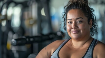 Fototapeta na wymiar A woman with curly hair smiling wearing a sports bra in a gym setting with blurred exercise equipment in the background.