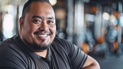 Obraz premium Smiling man with beard and mustache wearing black t-shirt posing in gym with blurred background of exercise equipment.