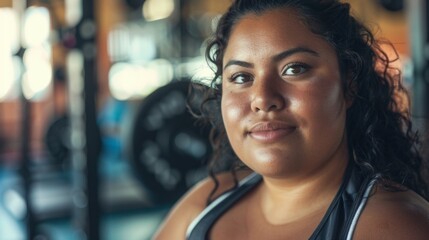 A woman with a radiant smile standing in a gym wearing a black tank top with her hair styled in loose waves and a background of gym equipment. - Powered by Adobe