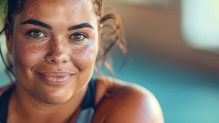 A close-up of a smiling woman with freckles showcasing her warm brown eyes and soft facial features set against a blurred background. - obrazy, fototapety, plakaty
