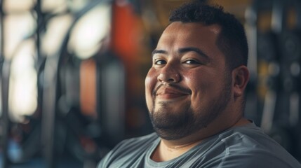 Fototapeta premium Smiling man with beard wearing gray shirt in gym setting with blurred background.