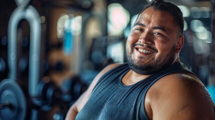 Fototapeta premium Smiling man in gym wearing tank top surrounded by weights and equipment.