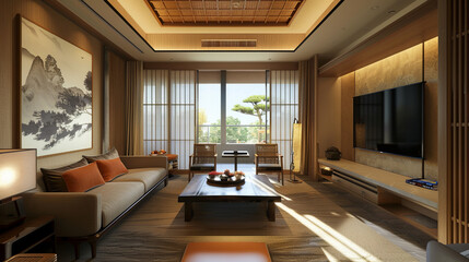Fototapeta na wymiar Big living area in luxury room or hotel, Japanese style decoration