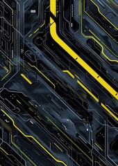 Generate a contemporary design with abstract black and yellow cyber circuit lines, accentuated by metallic gray trimming - obrazy, fototapety, plakaty