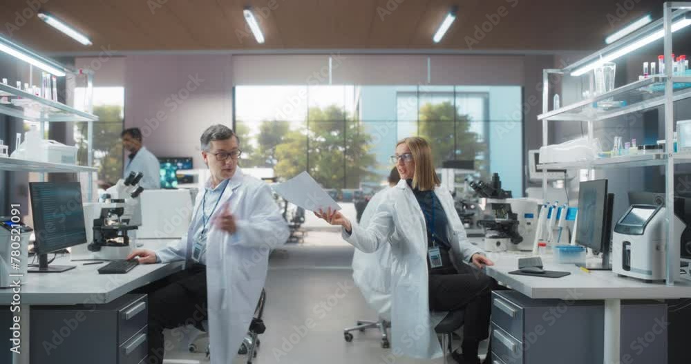 Poster establishing footage of a group of scientists in white lab coats walking in workplace, sitting behin