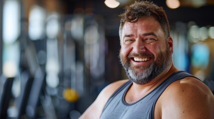 Smiling man with beard and gray hair wearing sleeveless tank top standing in gym with blurred equipment in background. - obrazy, fototapety, plakaty