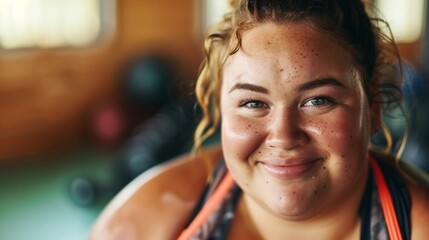 Smiling woman with freckles wearing a sports bra in a gym setting. - obrazy, fototapety, plakaty