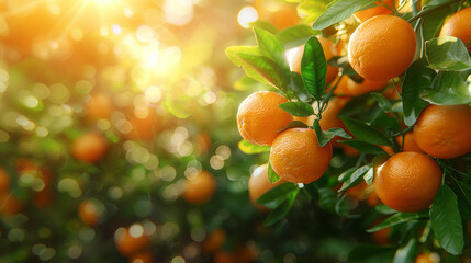 Ripe oranges, tangerines growing on a citrus branch with green leaves in an orchard. Sunny day. Bokeh effect. AI generative - obrazy, fototapety, plakaty