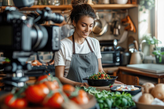 Young woman recording a video lesson on cooking in the kitchen