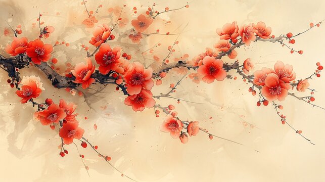 An Eastern-inspired artwork of blooming plum trees in the season of spring.