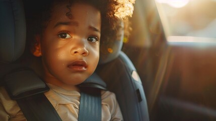 A young child with curly hair wearing a car seat looking out of a car window with a thoughtful expression. - obrazy, fototapety, plakaty