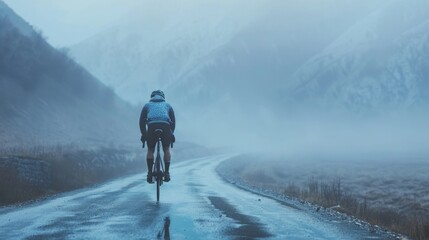 A solitary cyclist pedaling on a misty mountain road surrounded by a serene landscape.