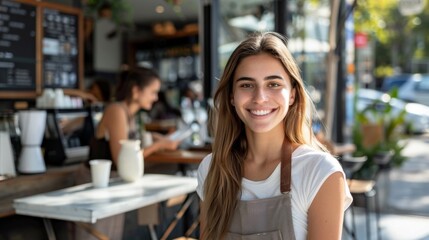 Young woman with long hair smiling at camera wearing apron standing in a coffee shop with a chalkboard menu and potted plants in the background. - Powered by Adobe