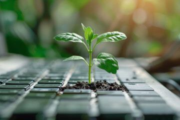 Green Computing Concept, Sprout Growing from Computer Keyboard with Blurred Out Background, Eco-Friendly IT, Energy-Efficiency and Sustainability in Tech Illustrated