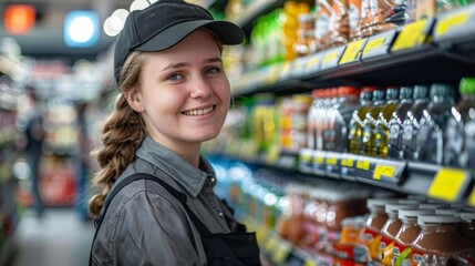 A smiling female store employee in a cap standing in front of a well-stocked beverage aisle.